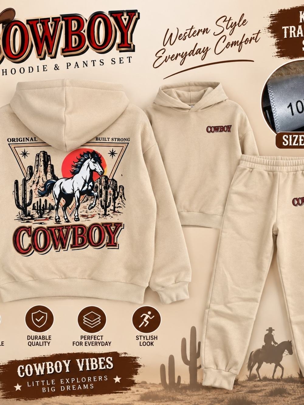 Kids Cowboy Graphic Hoodie & Joggers Set - Cream